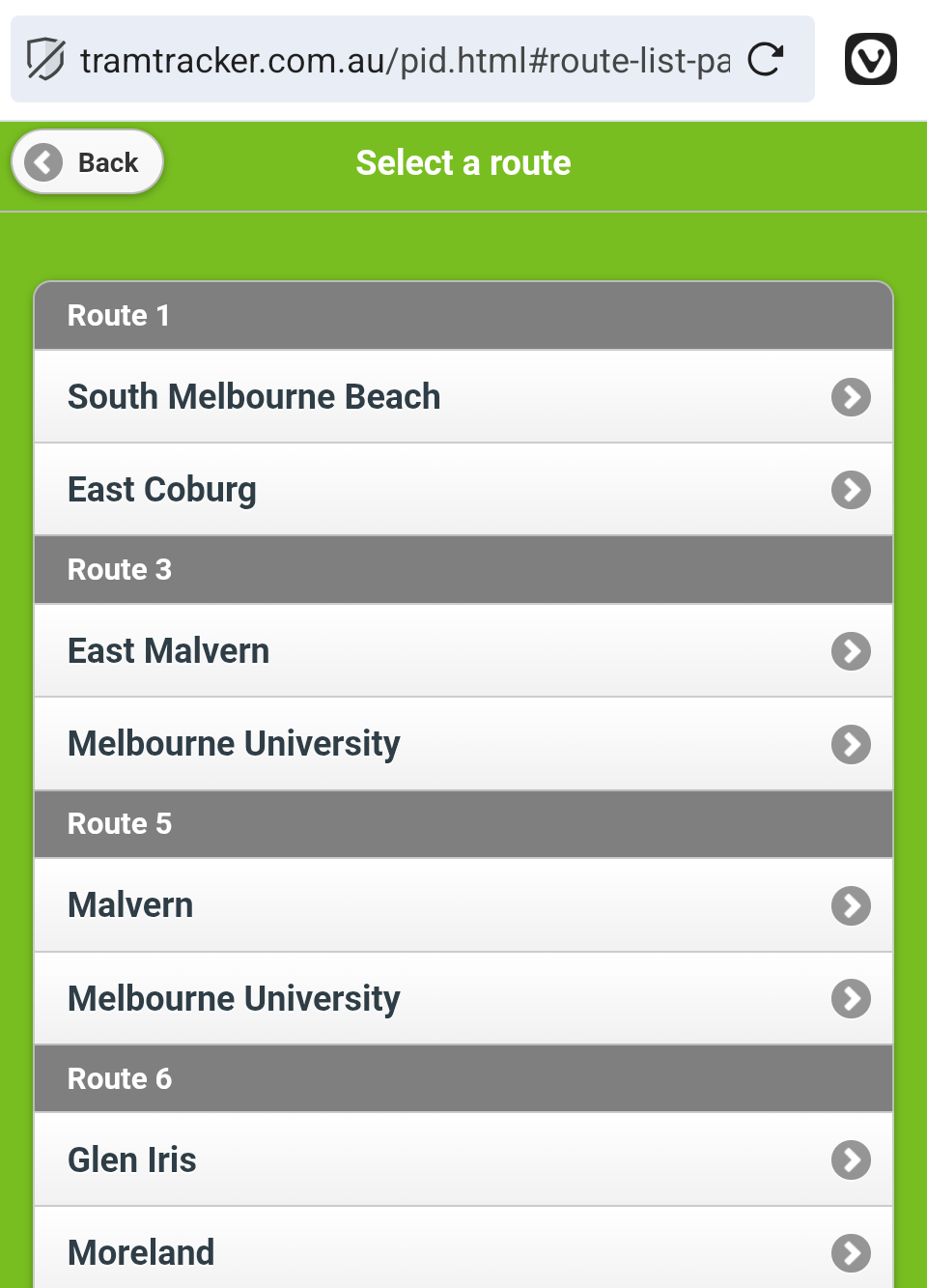 A webpage displays a list of tram routes and destinations, including South Melbourne Beach, East Coburg, East Malvern, and others.
