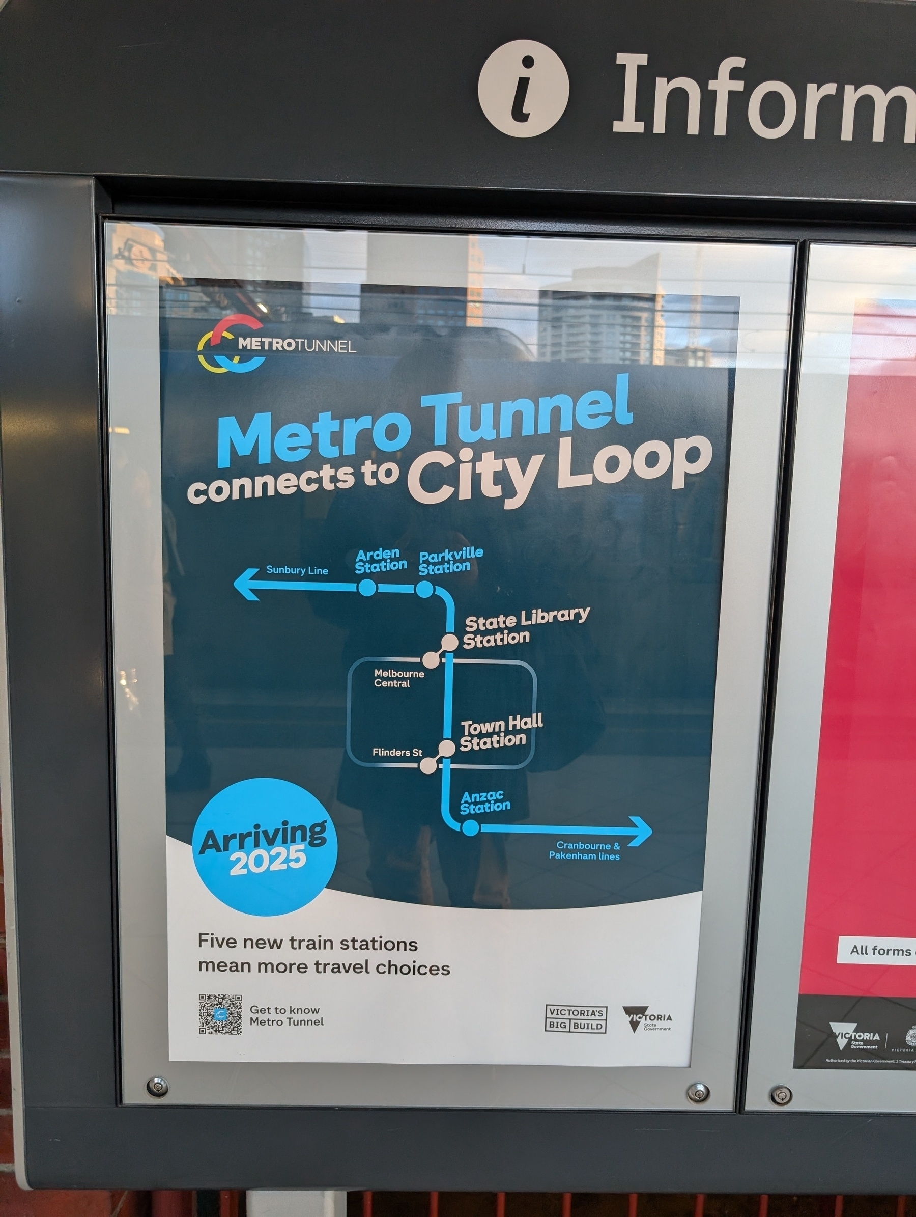 A poster details the Metro Tunnel project, showcasing new stations and a connection to the City Loop, set to arrive in 2025.