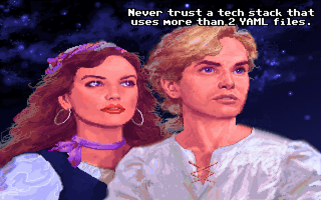 Auto-generated description: Two people are depicted in a retro, pixelated style under a humorous text about tech stacks and YAML files.