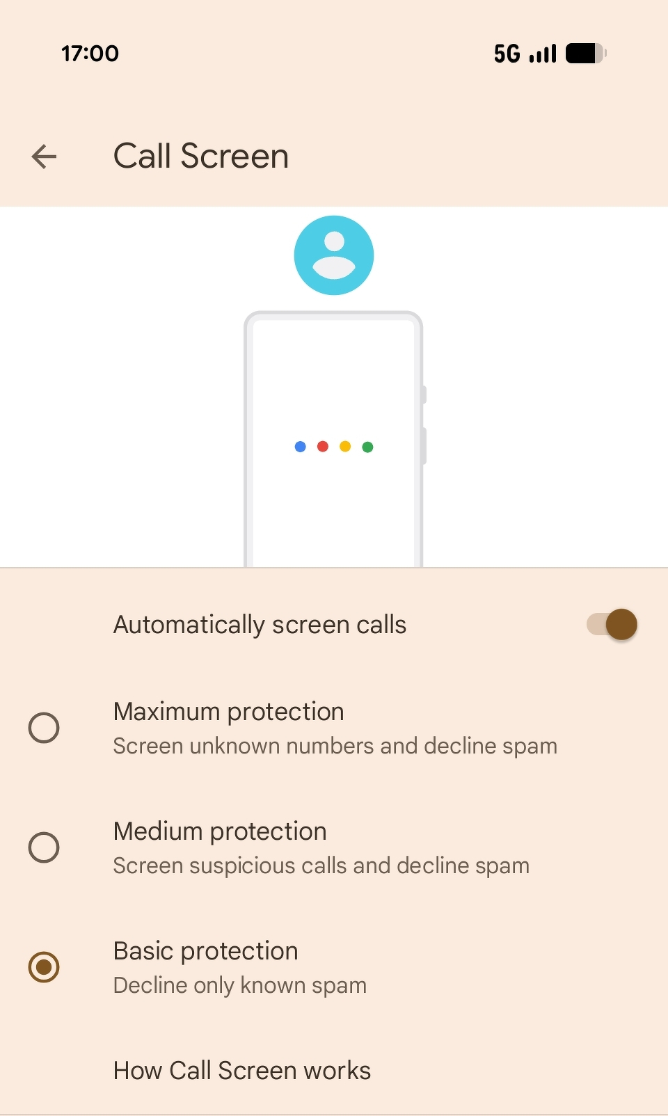 A mobile interface displays call screening options, including automatic call screening and varying levels of protection from spam.