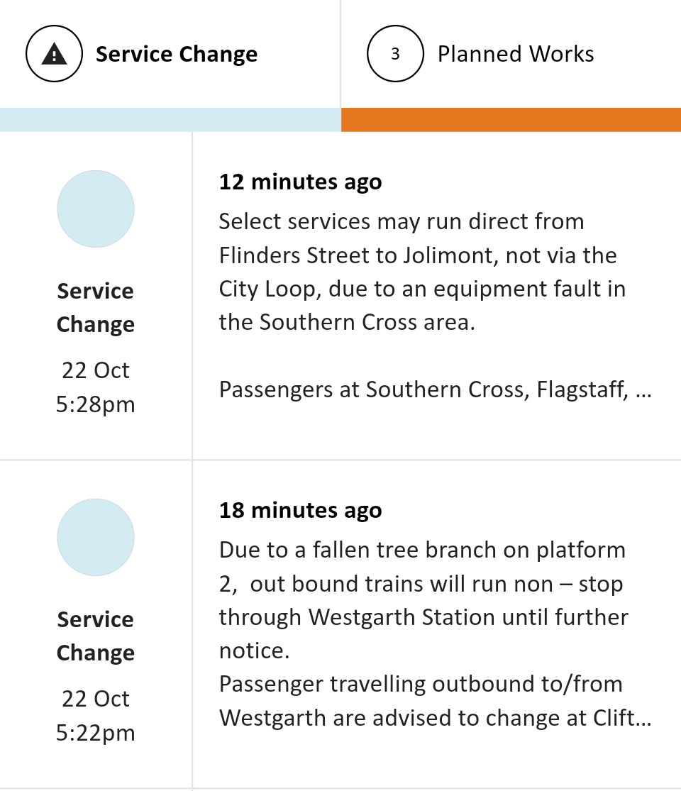 Service changes indicate disruptions on October 22 due to equipment failure in the Southern Cross area and a fallen tree branch affecting certain train routes and stops.