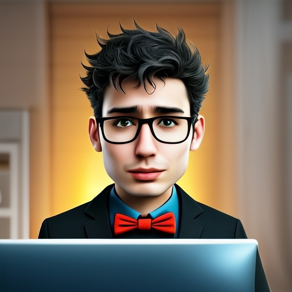 Auto-generated description: An AI generated image of a person with glasses and a red bow tie sits behind a laptop, looking intently at the screen.