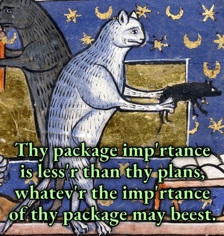 Auto-generated description: A medieval-style illustration of a cat holding a rat is overlaid with humorous text about the importance of packages. Old English text: Thy package imp'rtance is less'r than thy plans, whatev'r the imp'rtance of thy package may beest. In modern English: The importance of your package is less than the importance of your plans, no matter how important your package may be.