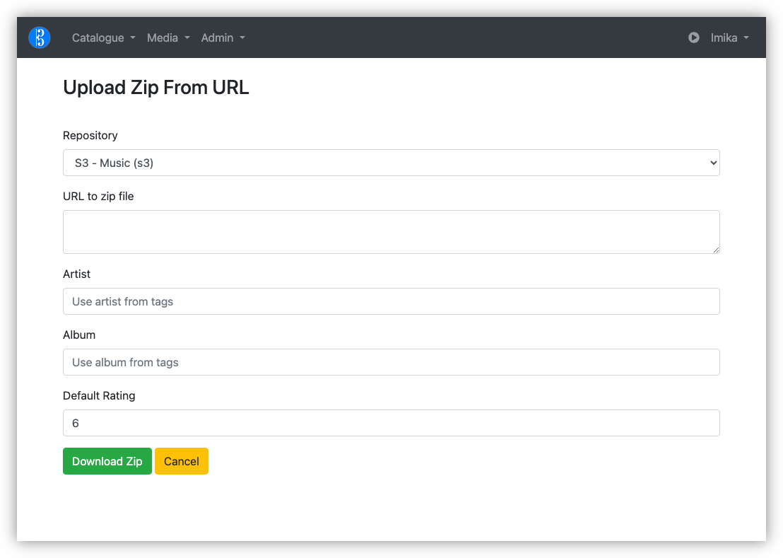 A web interface for uploading a zip file from a URL with fields for artist, album, and default rating.