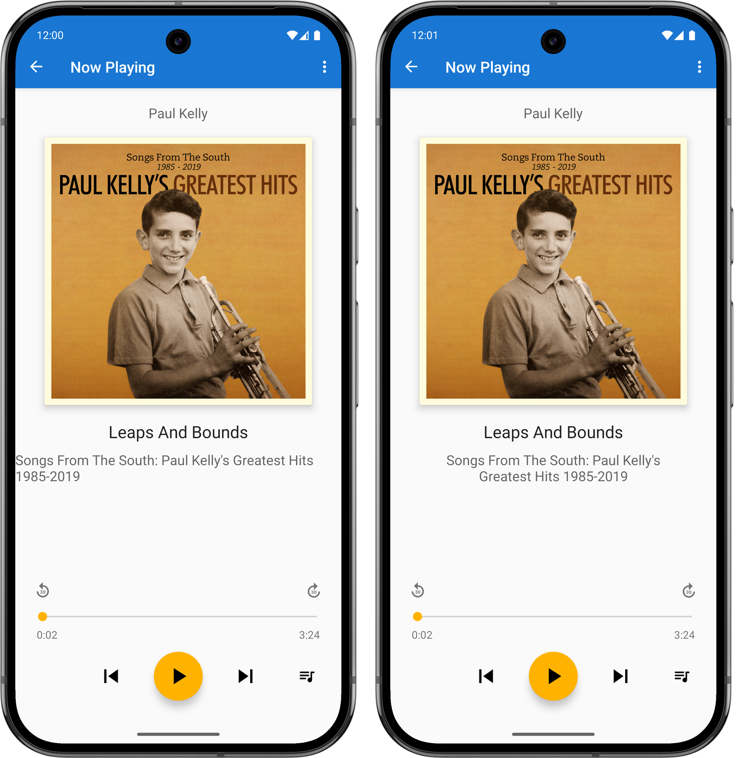 Auto-generated description: Two smartphone screens display a music player with Leaps And Bounds by Paul Kelly.