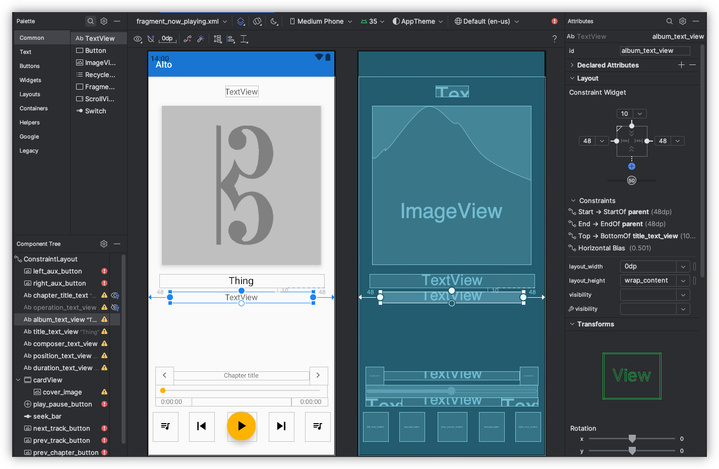 Auto-generated description: A screenshot of a mobile app layout design in Android Studio, featuring a user interface editor with text, images, and buttons.