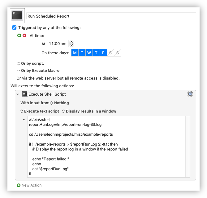 Auto-generated description: A scheduled report configuration window is shown, with options for date and time selection, and a shell script execution setup displayed.