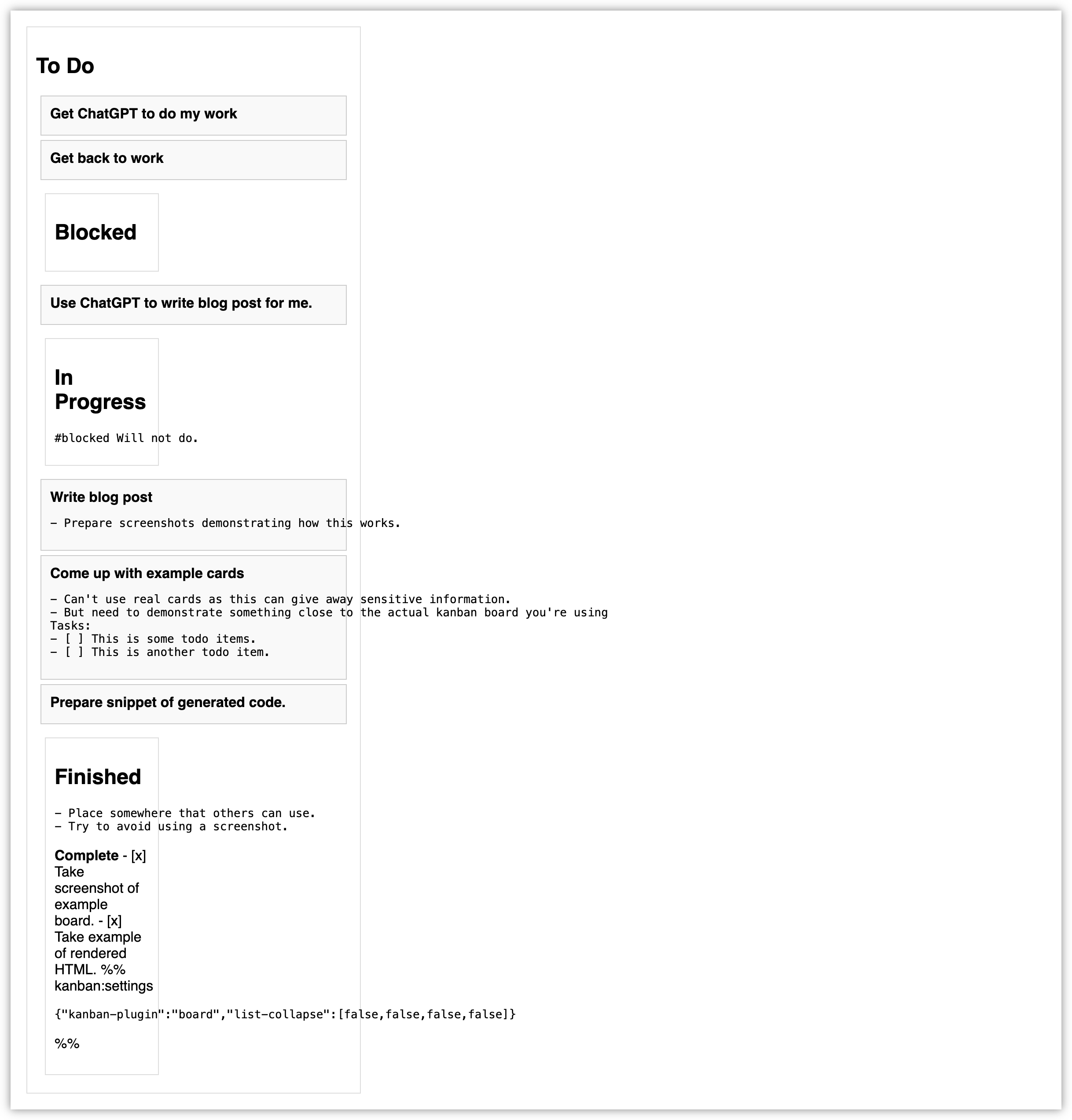 Auto-generated description: A digital Kanban board displays various columns labeled To Do, Blocked, In Progress, and Finished, with tasks listed under each.