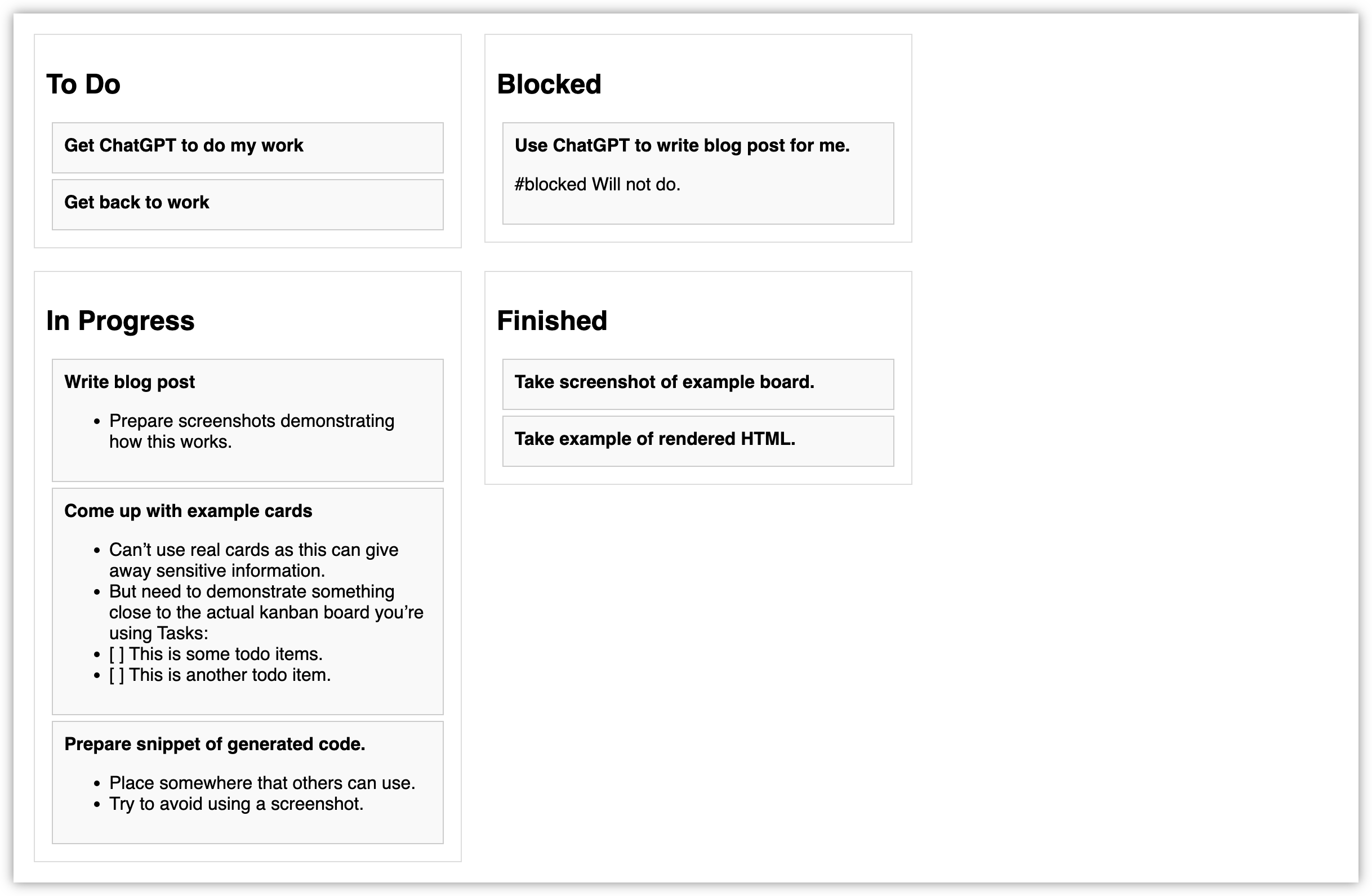 Auto-generated description: A kanban board showcases tasks in columns labeled To Do, Blocked, In Progress, and Finished, with notes detailing various activities.