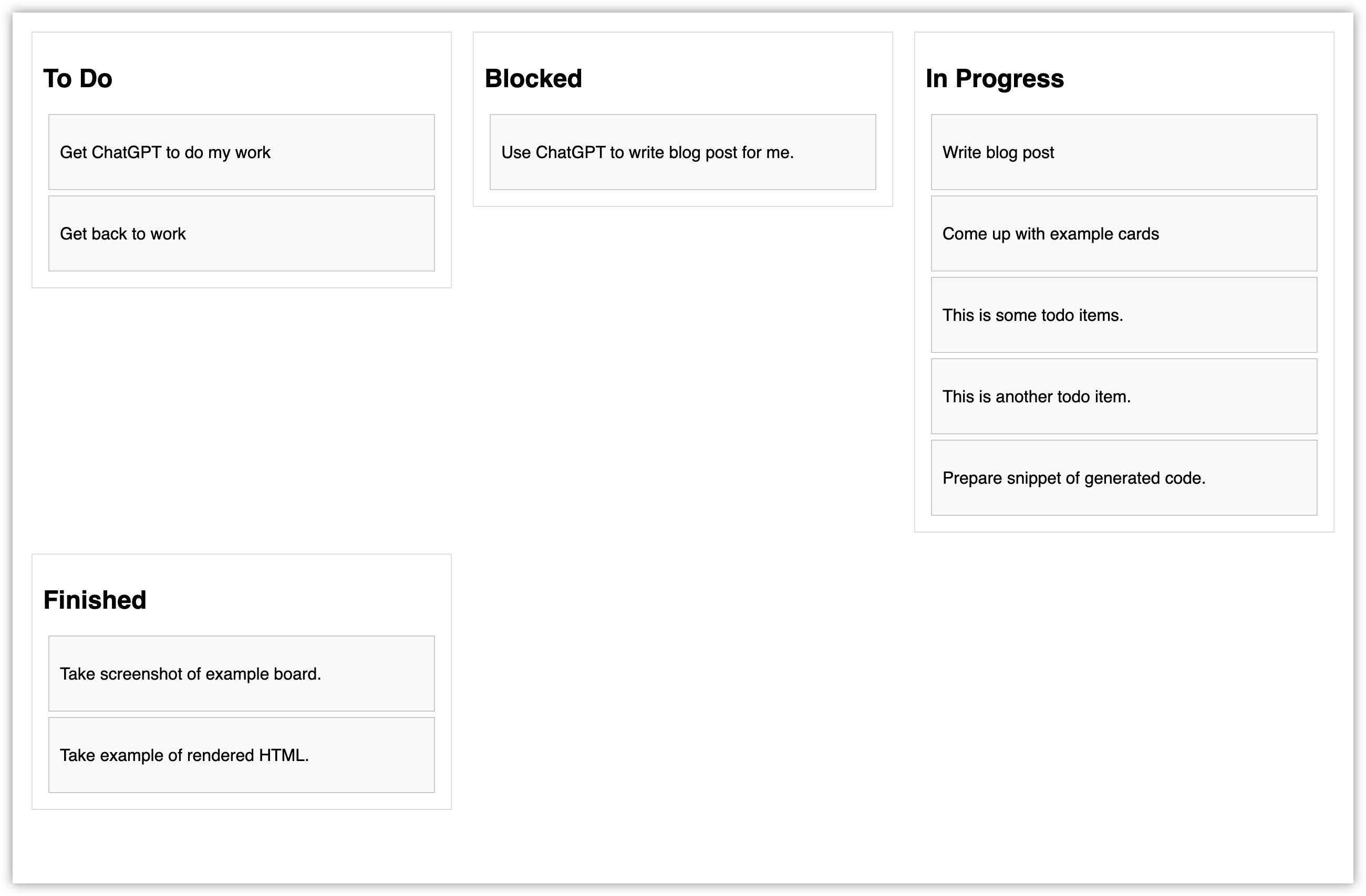 Auto-generated description: A project management board displays four categories: To Do, Blocked, In Progress, and Finished, with tasks listed under each.