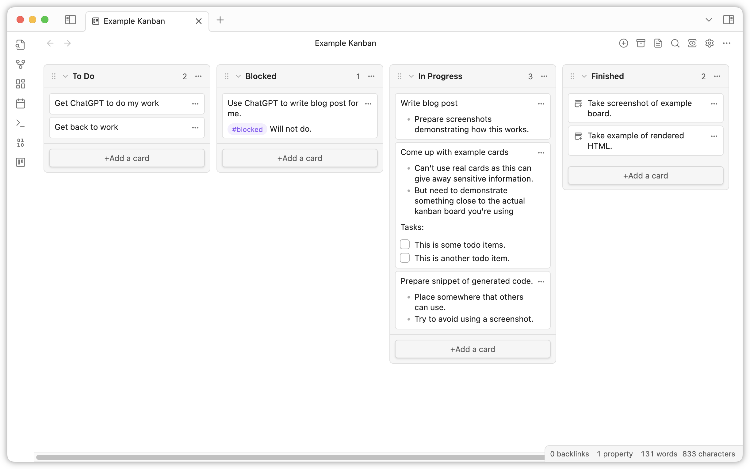 Auto-generated description: A digital kanban board is displayed with columns labeled To Do, Blocked, In Progress, and Finished, containing task cards with various statuses and notes.