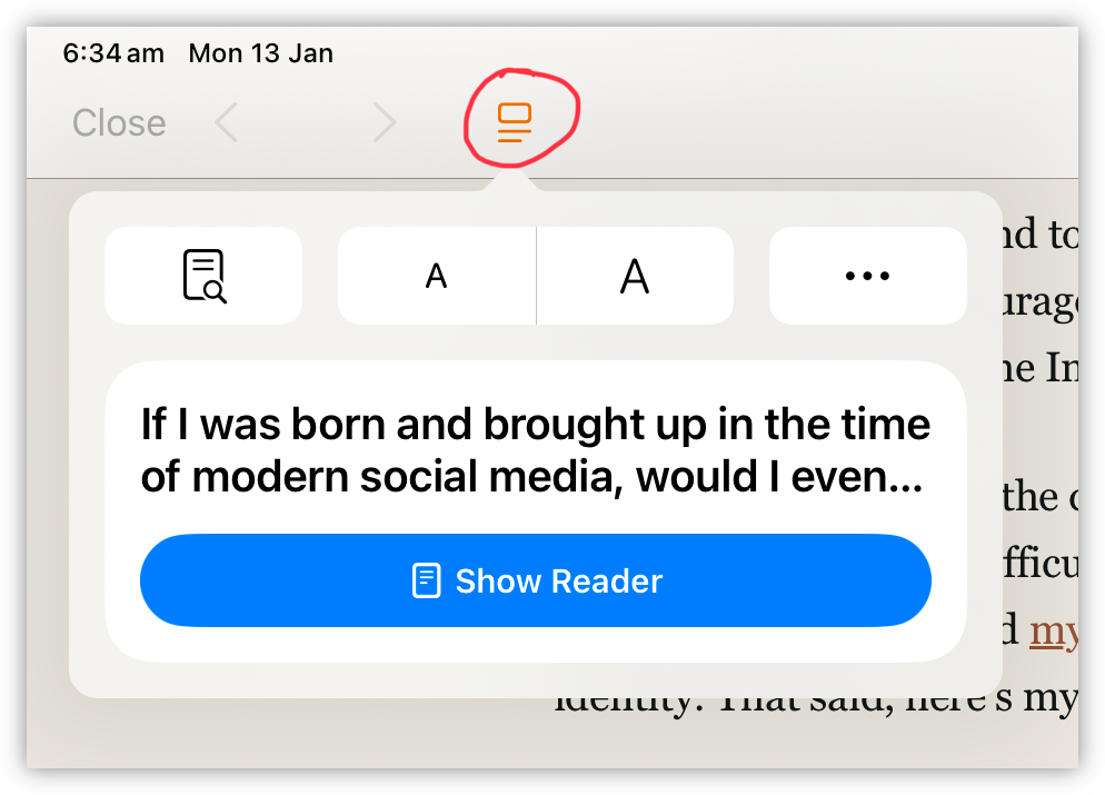 A digital interface displays an excerpt of text with an option to show it in reader mode.