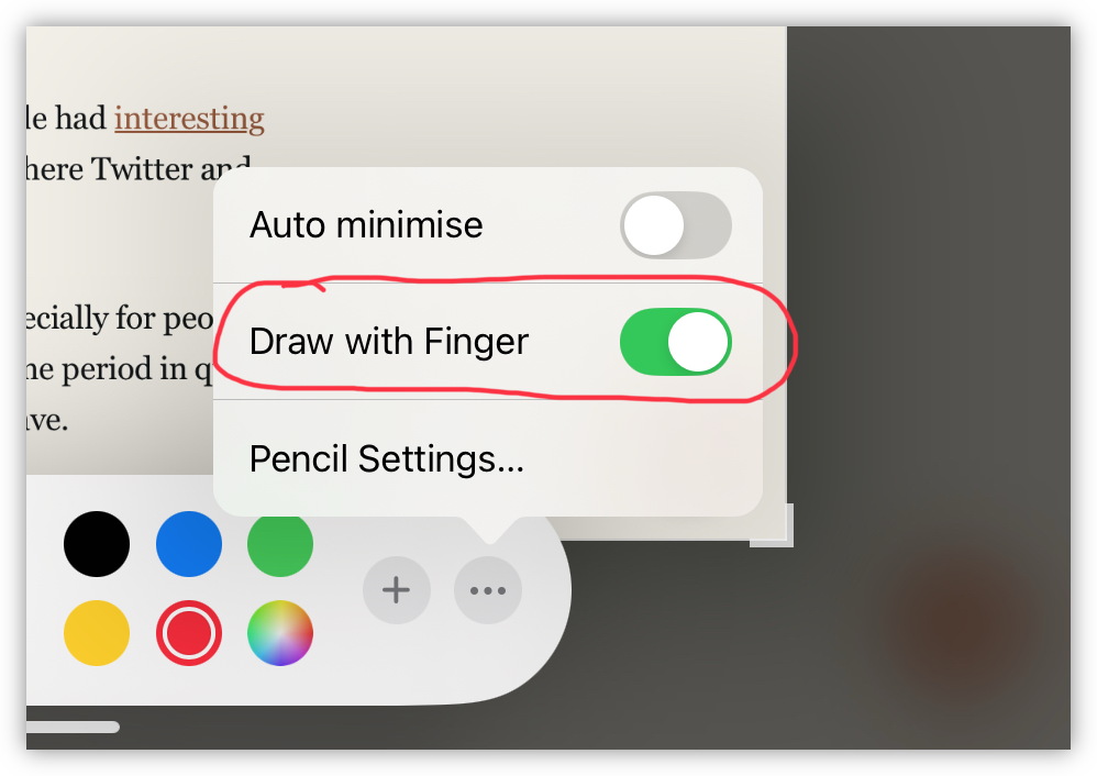 Auto-generated description: A digital interface displays drawing options, including Draw with Finger toggled on, along with color selection buttons.