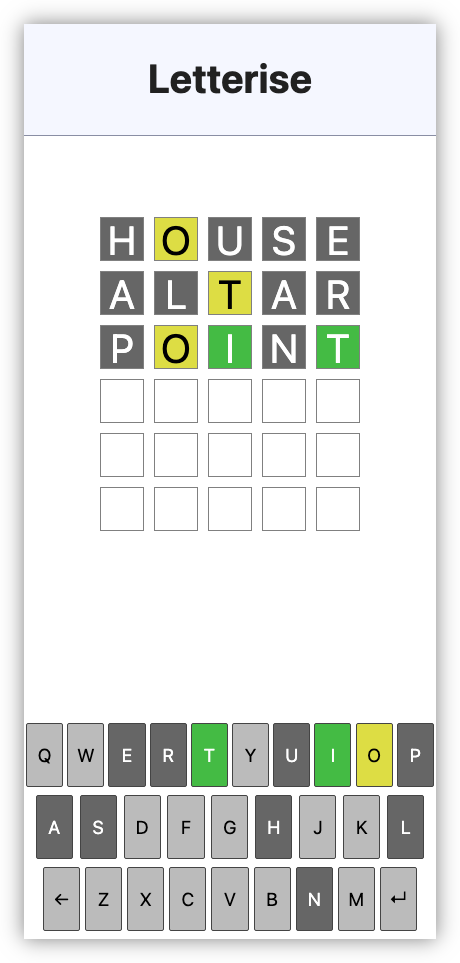 Auto-generated description: A word puzzle game interface shows a grid with the words HOUSE, ALTAR, and POINT, with colour-coded tiles indicating correct and incorrect letter guesses.