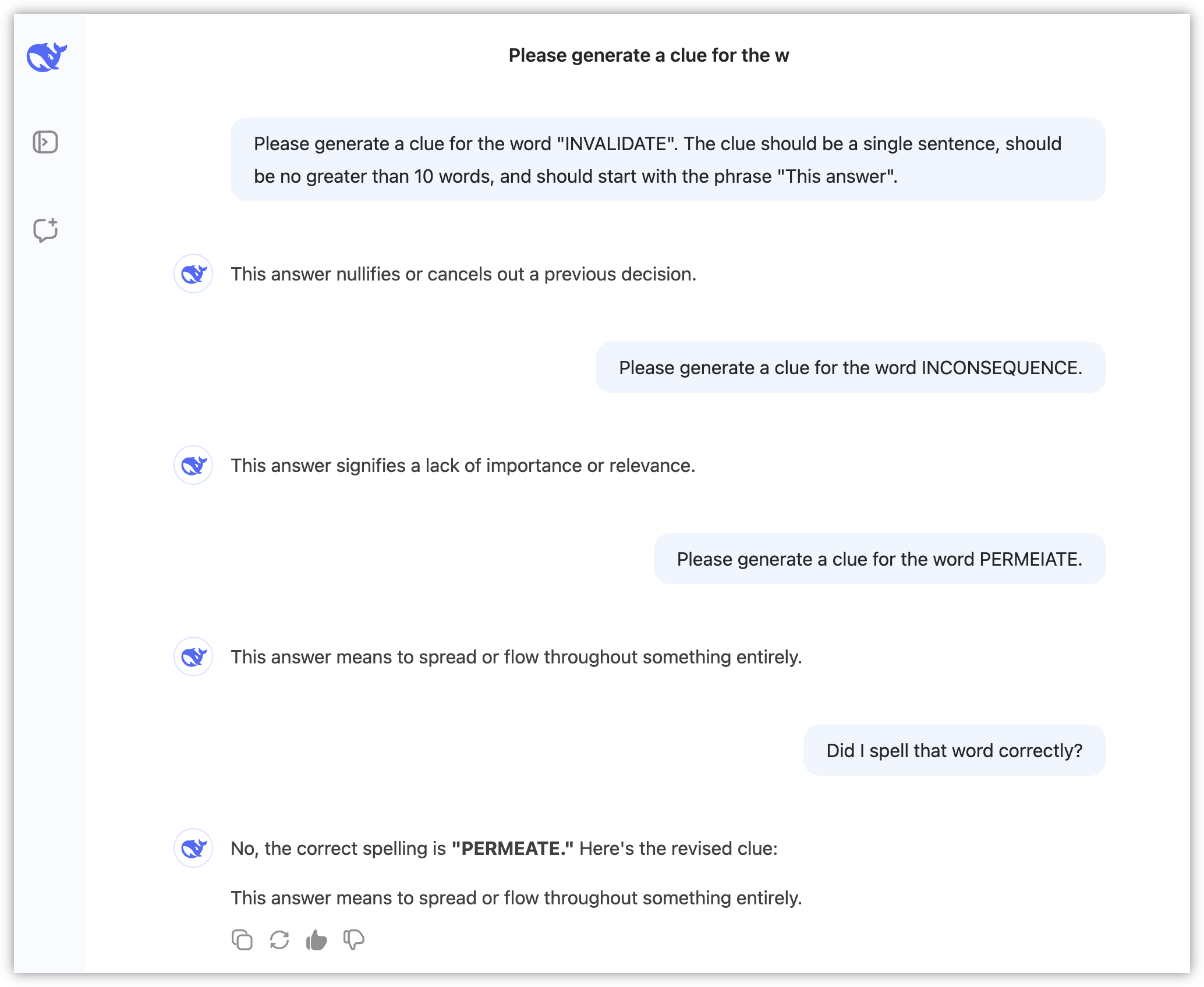 Auto-generated description: A conversation about generating clues for words like INVALIDATE and PERMEATE is displayed with attempts to provide definitions and corrections.