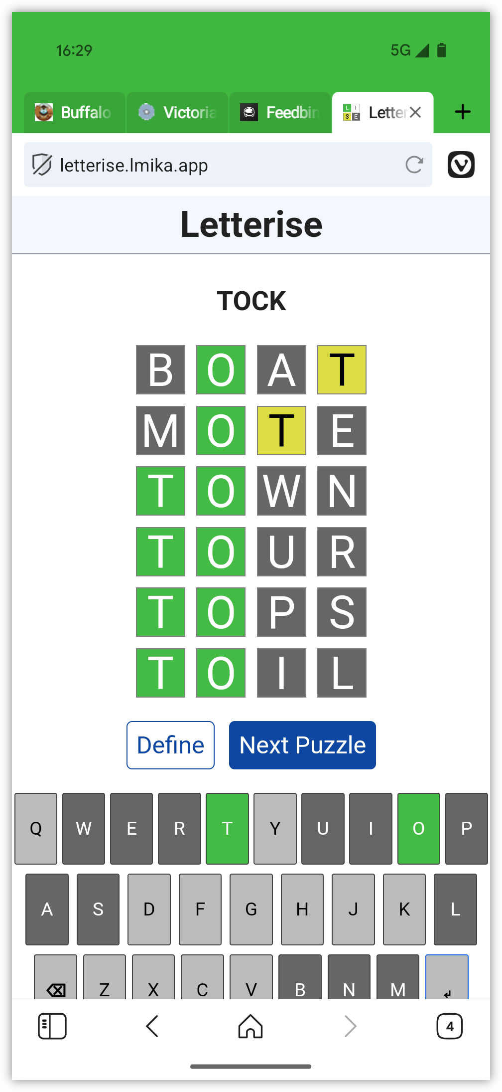 Auto-generated description: A screenshot of a word-guessing game shows the word TOCK in progress with several guessed words, color-coded hints, and navigation buttons.