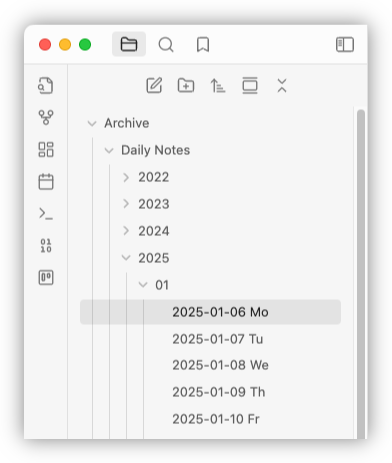 Auto-generated description: A computer interface displaying a folder structure for daily notes from 2022 to 2025, highlighting a note dated January 6, 2025.