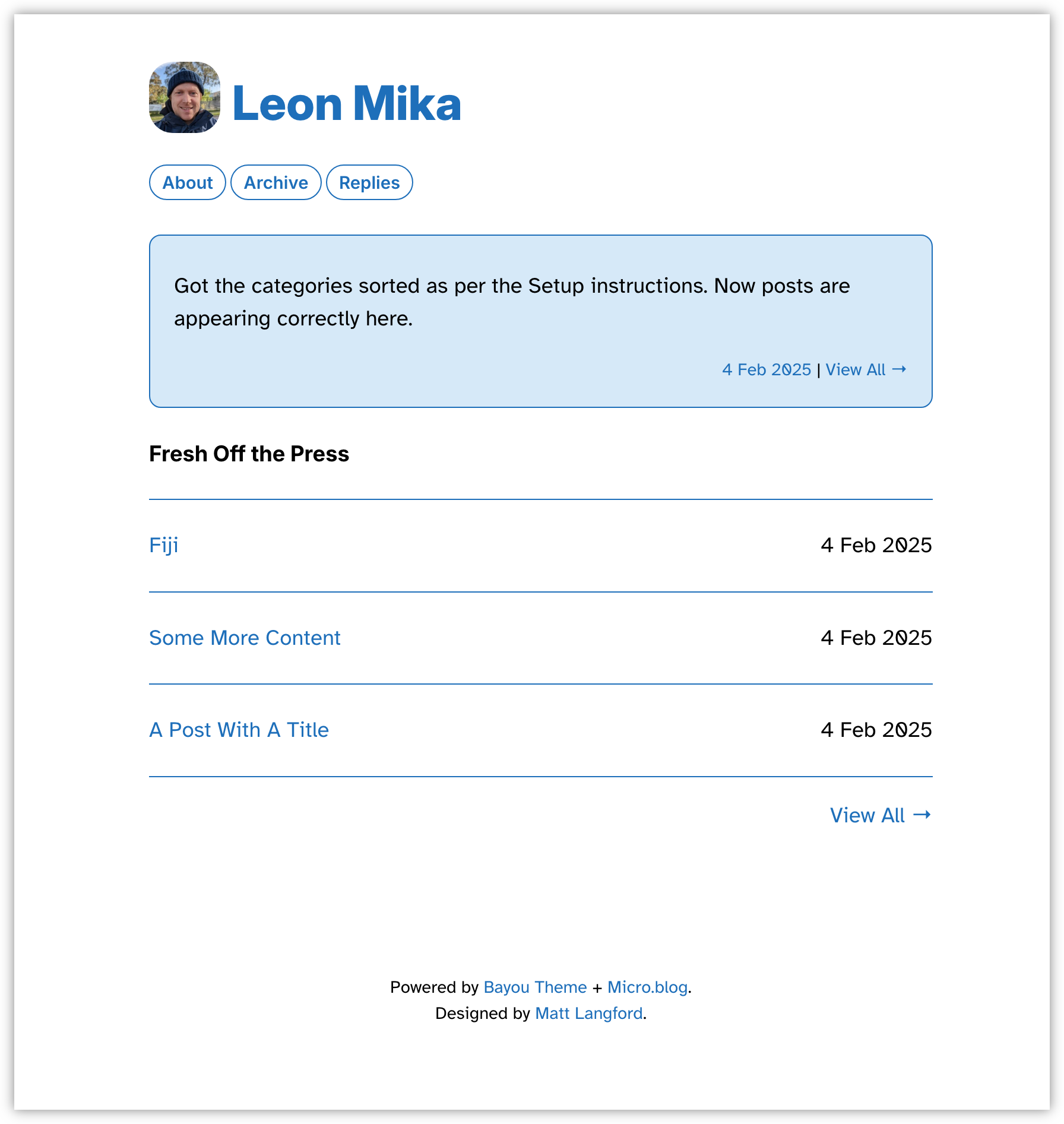 Auto-generated description: A minimal blog page titled Leon Mika features categories like About, Archive, and Replies, along with a post mentioning categories being sorted and three other listed posts from 4 February 2025.