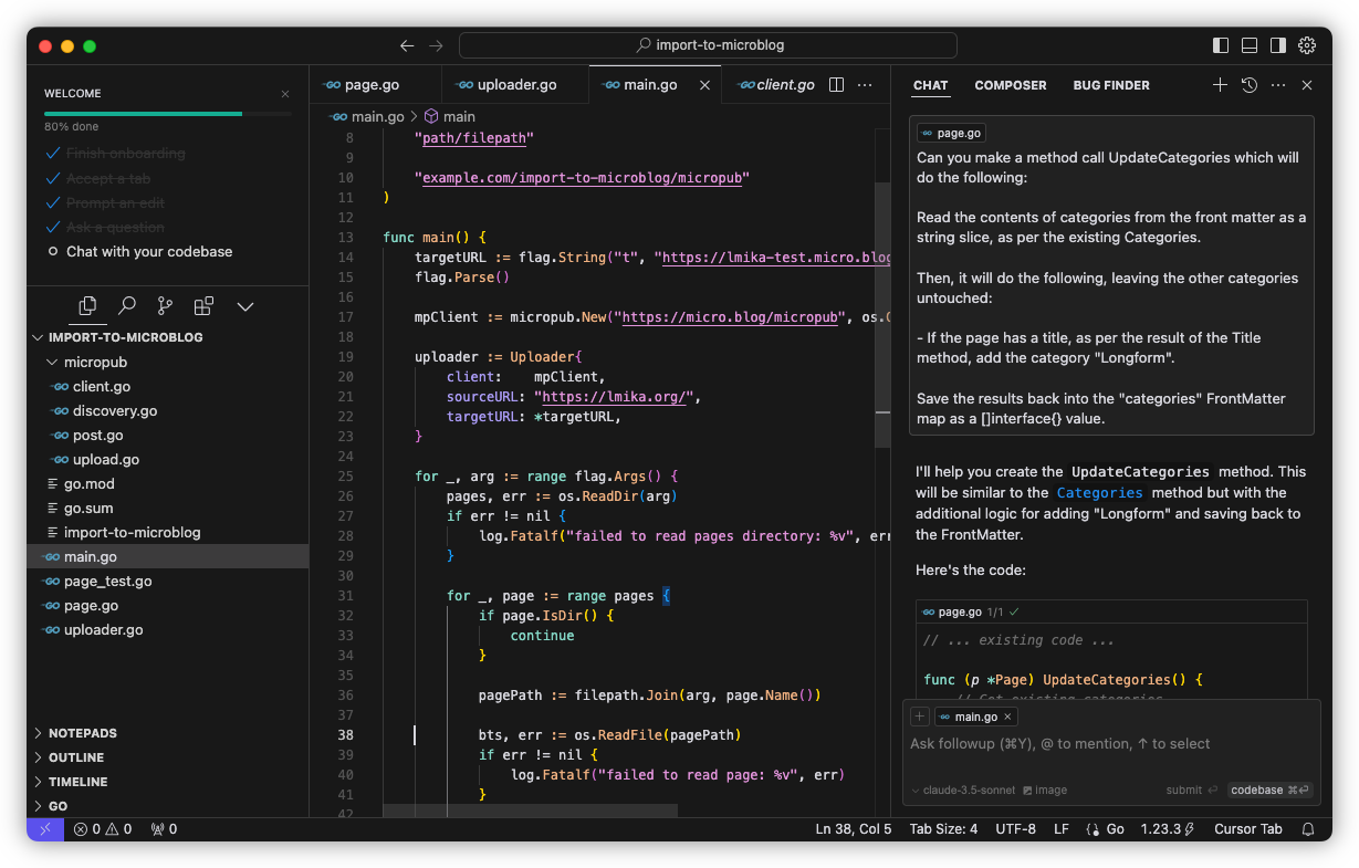 Auto-generated description: A dark-themed code editor window is displayed, featuring Go programming language code on the right and a file directory on the left.