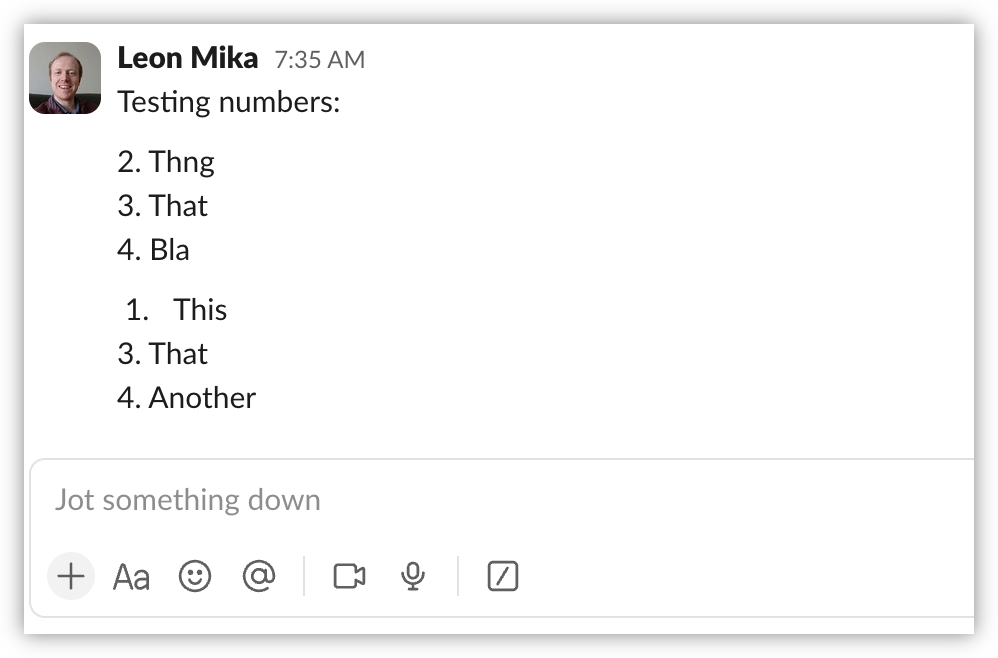 Auto-generated description: A chat message from Leon Mika lists items with different numbers and includes a section to jot something down.