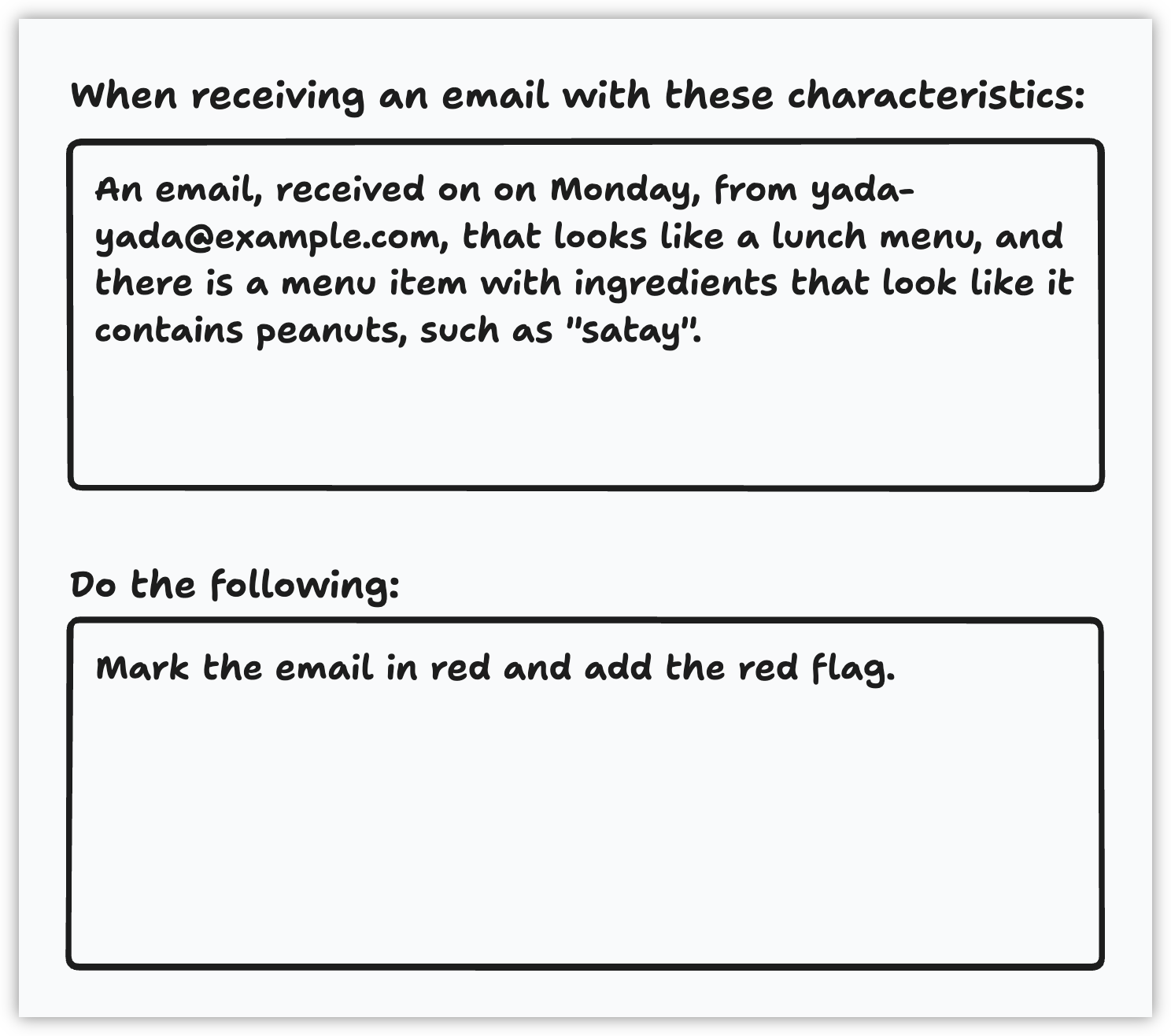 Auto-generated description: An email received on Monday from yada-yada@example.com, resembling a lunch menu with a peanut-containing item like Satay, should be marked in red and flagged.