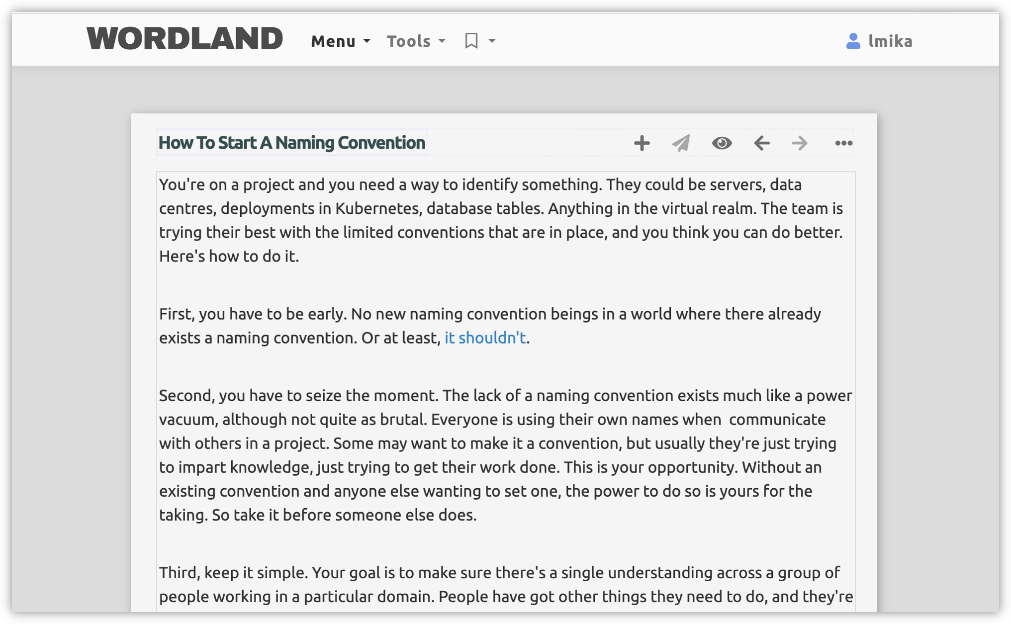 Auto-generated description: A text editor displays a guide titled How To Start A Naming Convention, discussing strategies for naming conventions in technical environments.