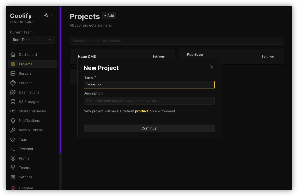 Auto-generated description: A user interface displays a New Project creation window with fields for name and description, surrounded by navigation options like Projects, Servers, and Settings.