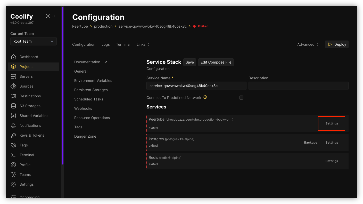 Auto-generated description: A configuration dashboard displays sections for service stacks, environment variables, services, networking, deployments, and tasks, with an option to deploy changes.