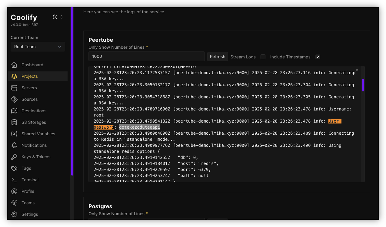 Auto-generated description: A dark-themed dashboard interface displays log entries for PeerTube, showing various status messages and timestamps.