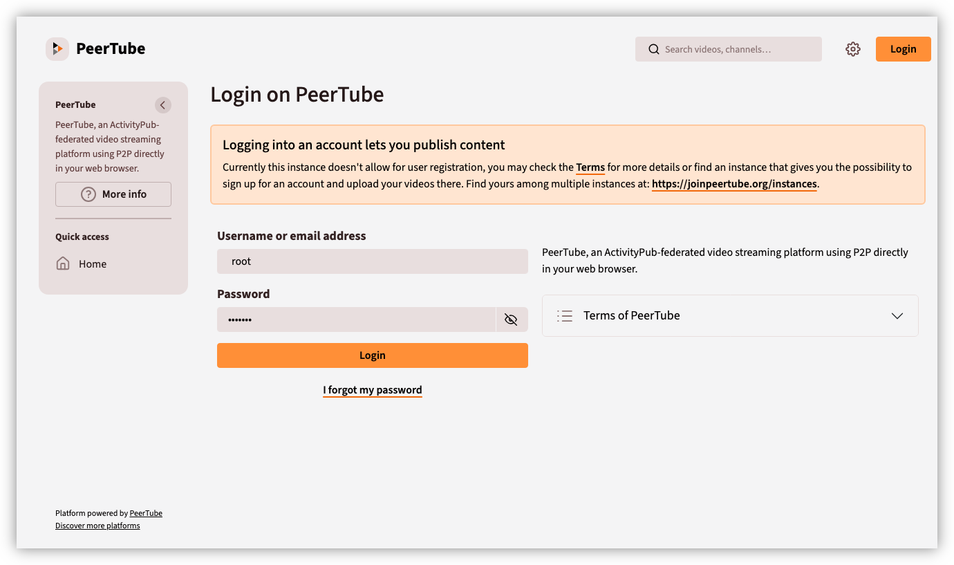 Auto-generated description: A login page for PeerTube is displayed, featuring fields for username and password, and links for terms of service and password recovery.