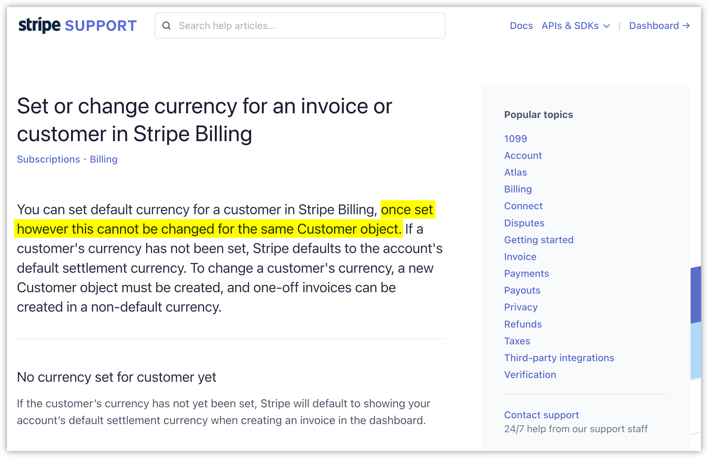 Auto-generated description: A webpage from Stripe Support provides instructions on setting or changing the currency for an invoice, highlighting that the currency cannot be changed once set for a specific customer.