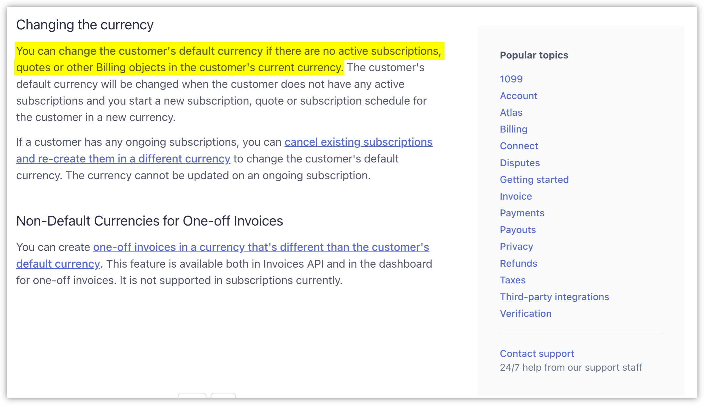 Auto-generated description: A highlighted section of text outlines instructions for changing a customer's default currency, emphasizing that no active subscriptions, quotes, or billing objects must be present in the customer's current currency.