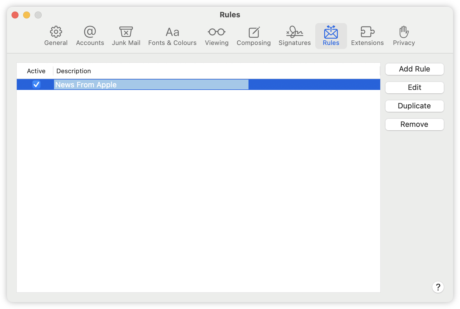 Auto-generated description: A computer interface displays an email rules management window, showing a single rule titled News From Apple.