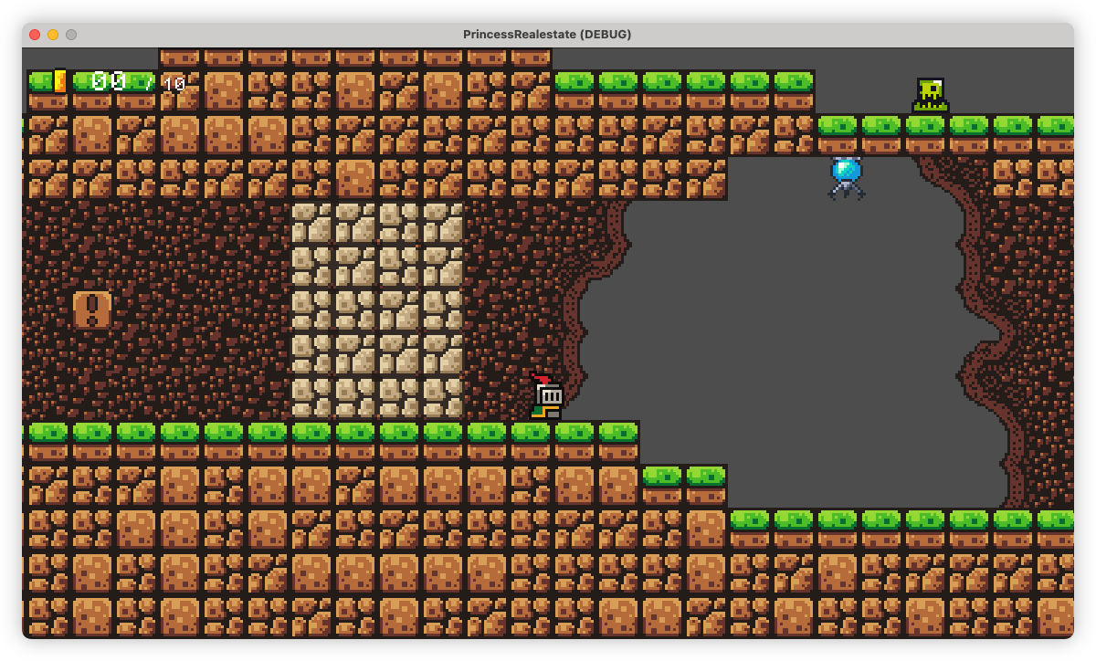 Auto-generated description: A pixelated platform game scene features a character navigating underground, with obstacles and items scattered around.