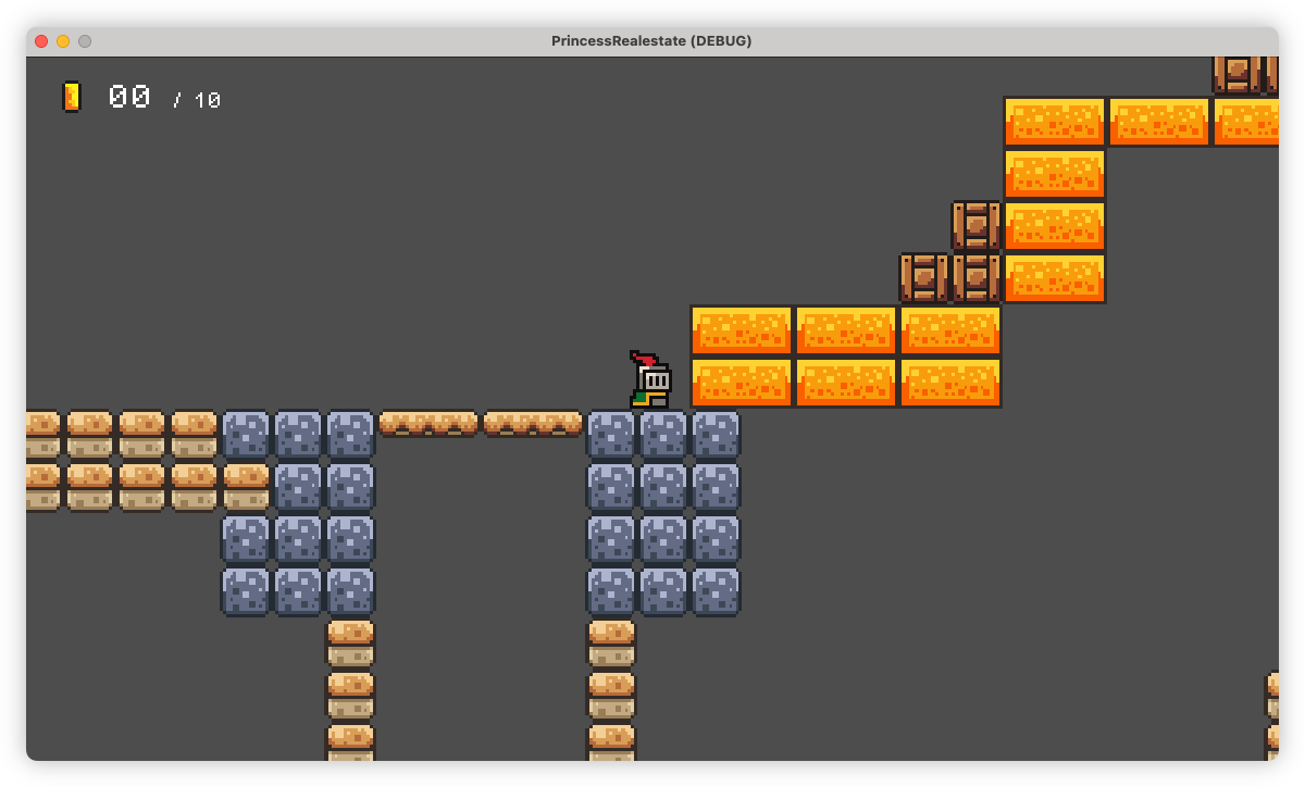 Auto-generated description: A pixelated platformer video game features a character navigating through stone and brick structures with a goal indicator at the top left.