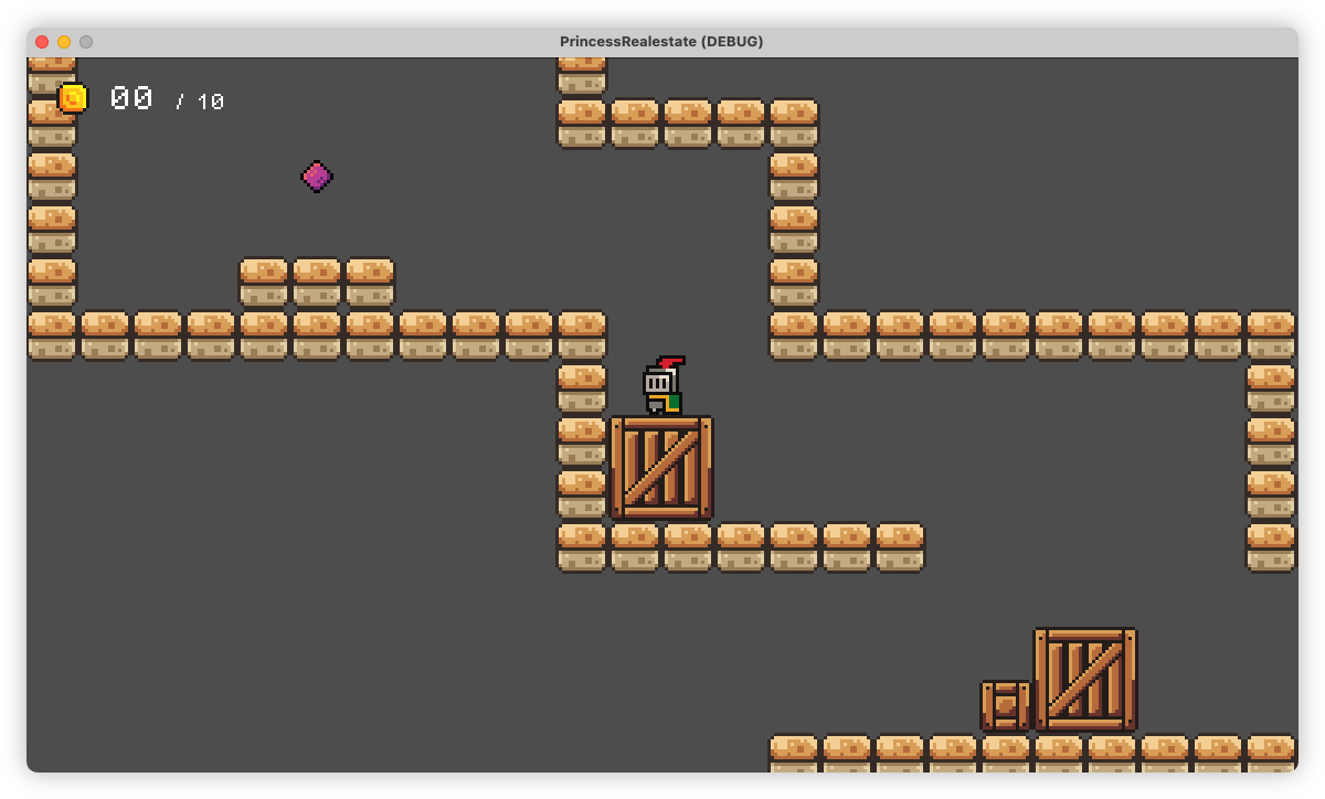 Auto-generated description: A pixelated video game scene features a knight in a maze-like structure with brick walls and wooden crates, aiming to collect a purple gem.