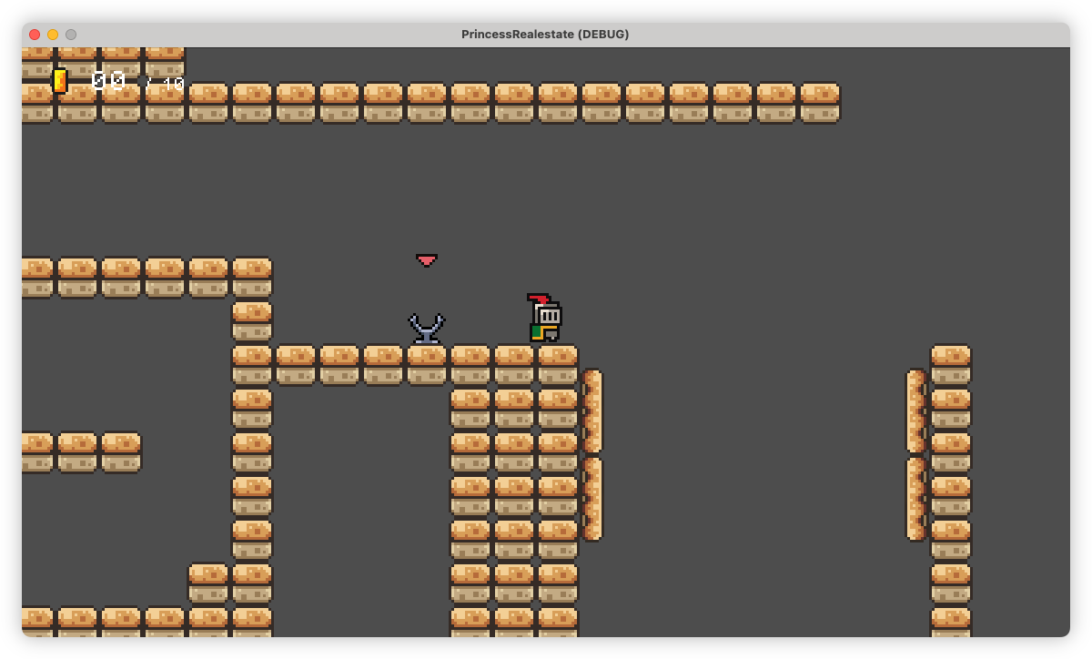 Auto-generated description: A pixel art video game scene shows a knight character on a platform surrounded by brick-like structures and a red arrow above.