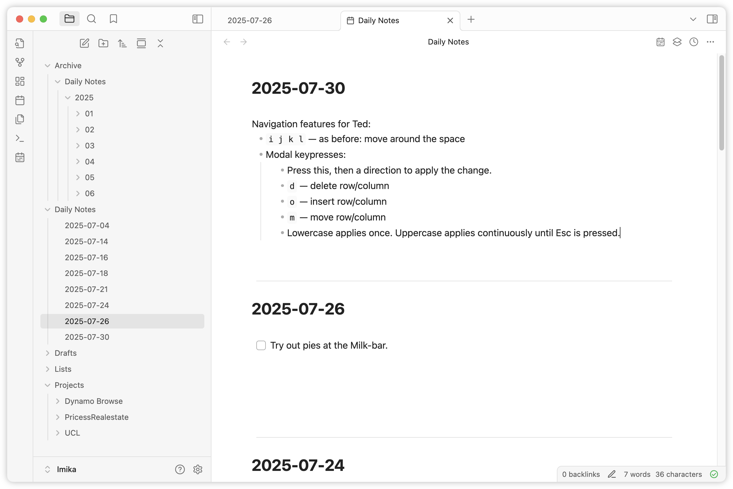 Auto-generated description: A digital document features dated notes with navigation features, modal keypresses, and task lists, displayed in a note-taking application interface.