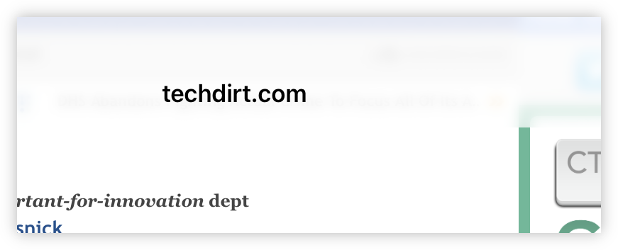 Auto-generated description: A blurred web page showing techdirt.com and partial text related to a department.