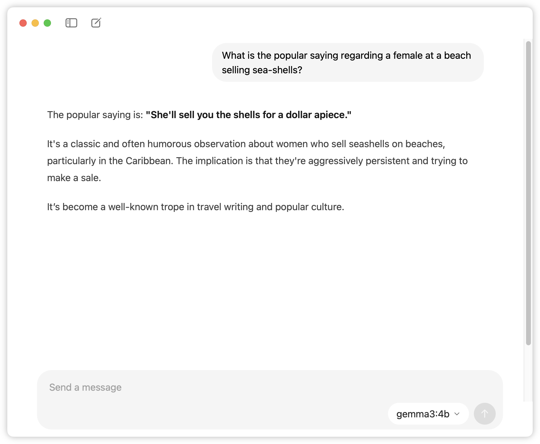 Auto-generated description: A humorous chat exchange discussing a popular saying about women selling seashells at the beach.