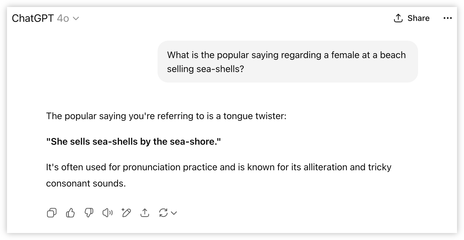 Auto-generated description: A ChatGPT interaction shows a question about a popular saying regarding a female at a beach selling sea-shells, followed by the answer with the tongue twister, She sells sea-shells by the sea-shore.