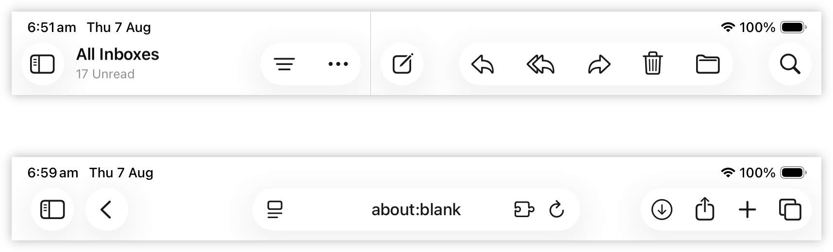 Two digital interface screenshots show a mobile email inbox with 17 unread messages and a browser displaying about:blank, both with a timestamp of 6:51 am and 6:59 am, respectively.