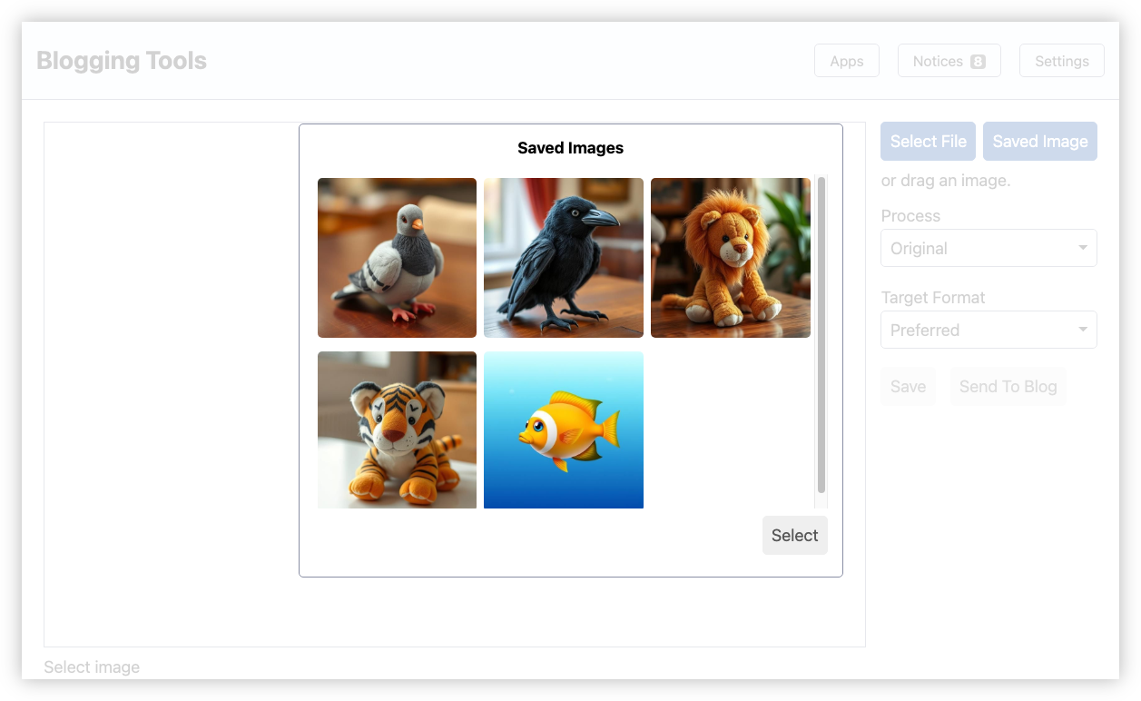Auto-generated description: A grid layout displays images of a pigeon, crow, lion, tiger, and a cartoon fish on a blogging tool interface.