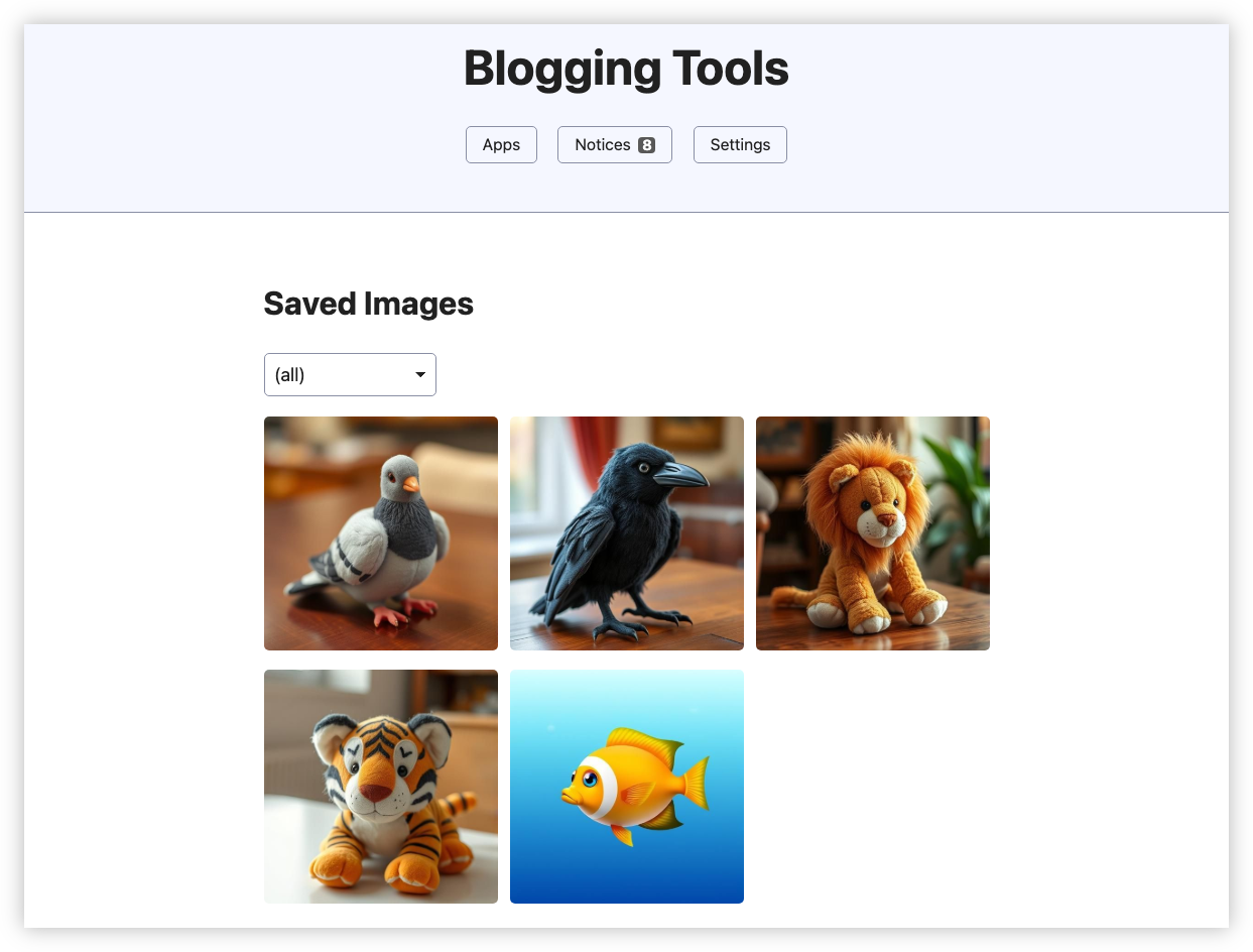 Auto-generated description: A webpage titled Blogging Tools displays five saved images including a pigeon, a crow, a lion, a tiger, and a yellow fish in a grid layout.