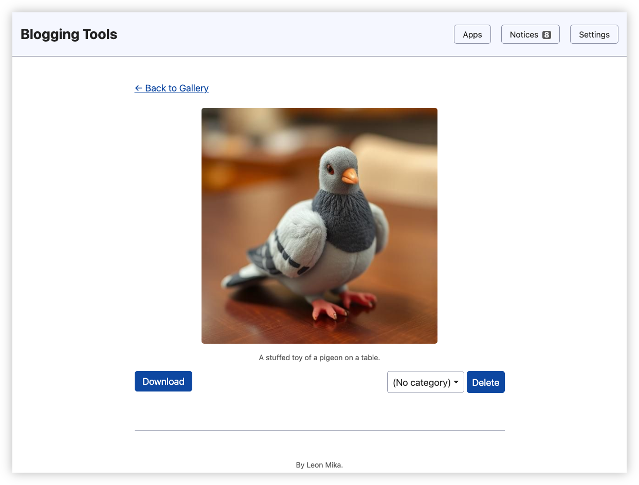 Auto-generated description: A stuffed toy of a pigeon is placed on a table, visible within a web interface.