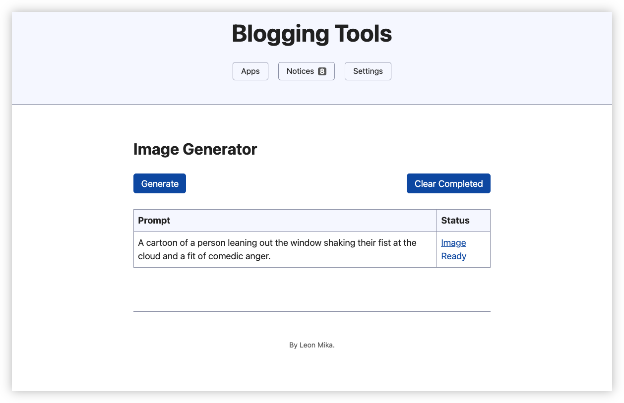 Auto-generated description: A webpage titled Blogging Tools features an Image Generator section with a prompt about a cartoon person leaning out a window in comedic anger and buttons to Generate and Clear Completed.