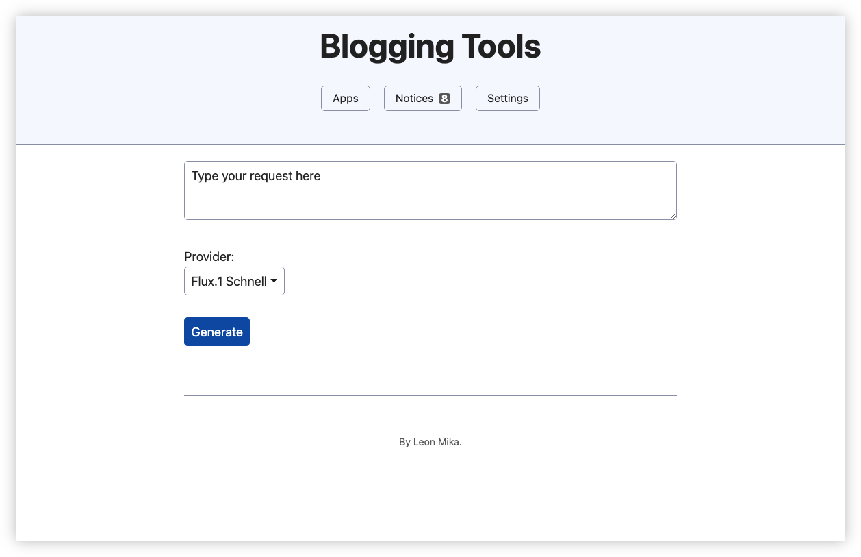 Auto-generated description: A user interface titled Blogging Tools with options for apps, notices, and settings, includes a request input box, a provider selection, and a generate button.