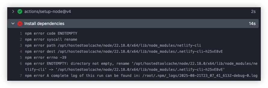 Auto-generated description: A terminal interface shows a series of error messages related to installing dependencies, including error code ENOTEMPTY and directory issues.