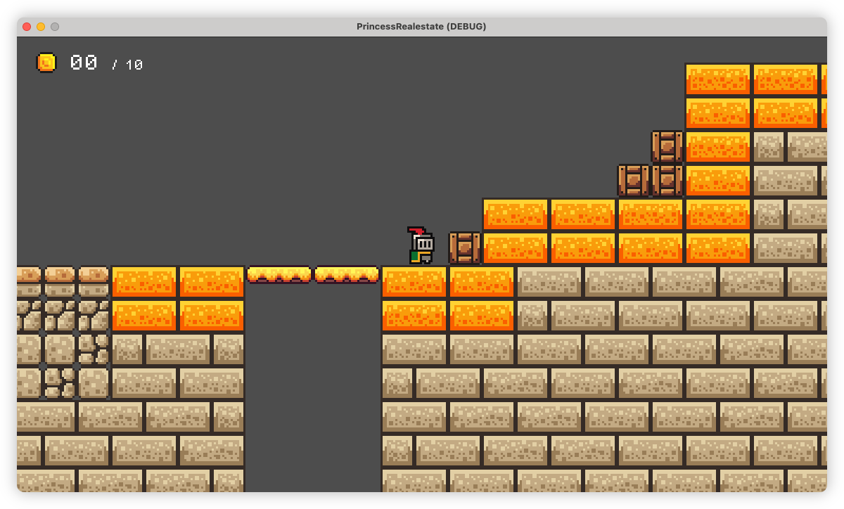 Auto-generated description: A pixelated video game scene shows a knight on a platform with lava below, stone blocks, and crates to the right.