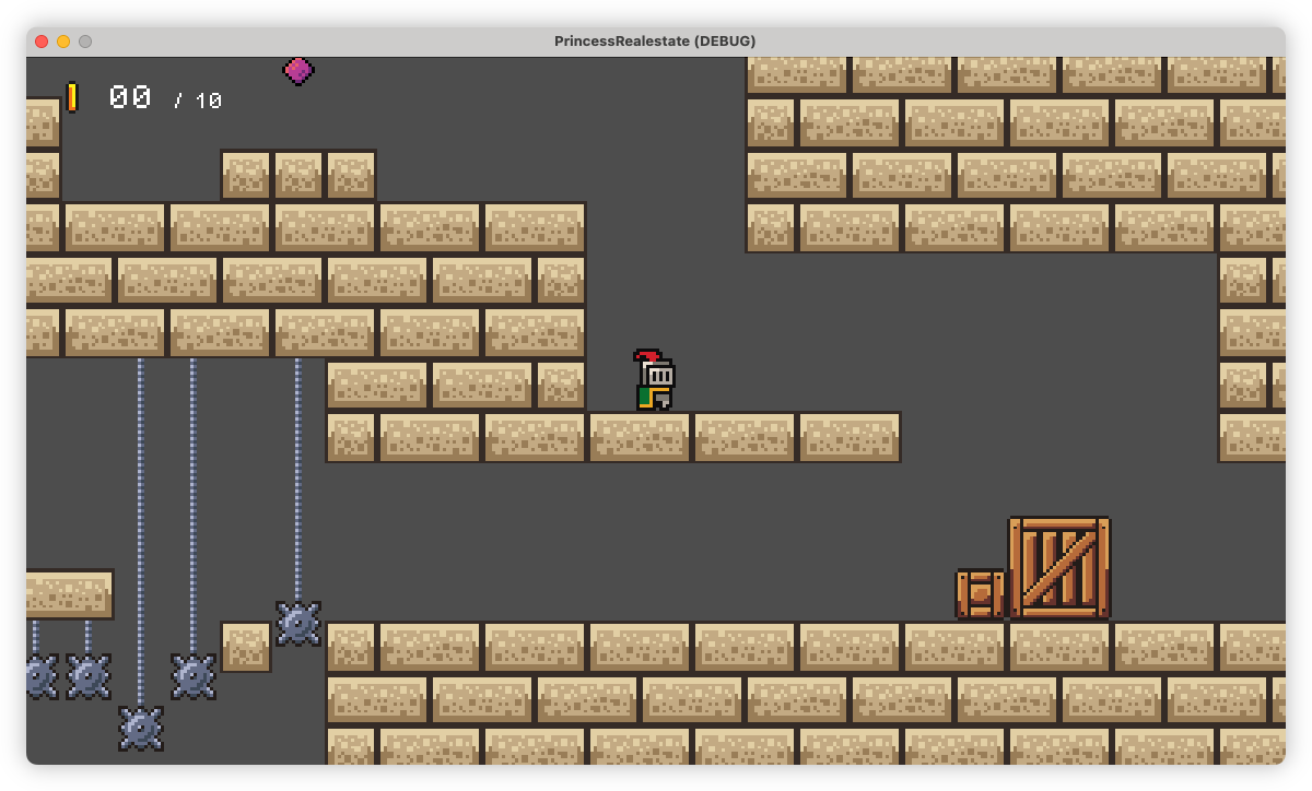 Auto-generated description: A pixelated video game scene shows a character in armor navigating a platform level with brick walls, crates, and spiked obstacles.